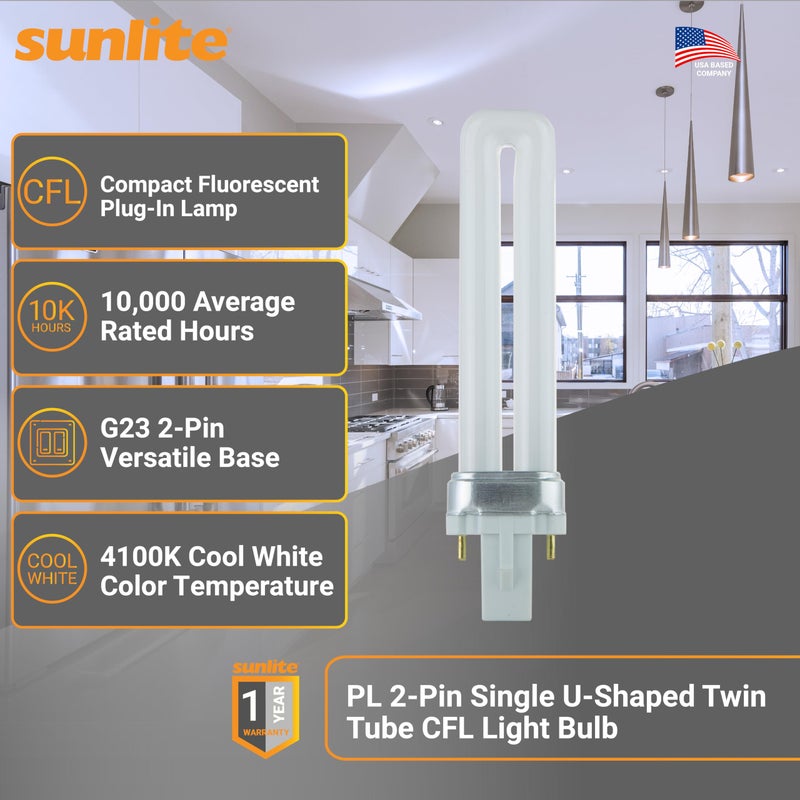 Sunlite 40501 PL7/SP41K Plugin U-Shaped Compact Fluorescent Lamp, 7 Watts, 360 Lumens, 4100K Cool White, 2-Pin (G23) Base, 10 Pack - Image 2